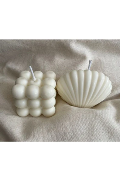 Favori Home 2'li Dekoratif Mum Seti Beyaz Renk Istiridye ve Bubble Set - 2