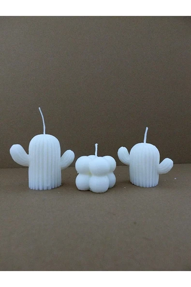 Kaktüs , Mini Bubble Mum 3'lü Set Pudra Kokulu Kaktüs Mum Beyaz Kokulu Kaktüs Mum Üçlü Set