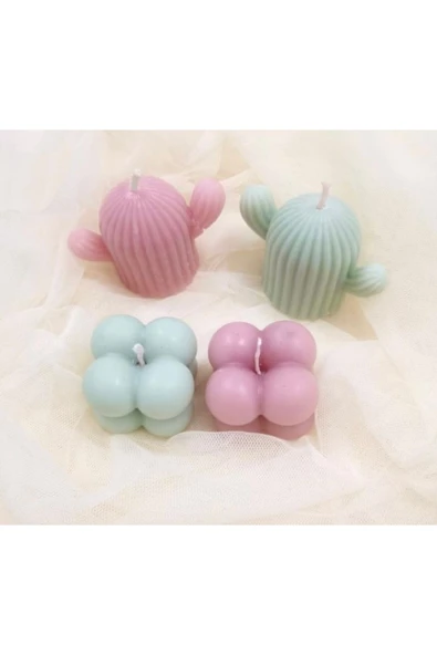 4’lü Pembe Su Yeşili Kaktüs Ve Mini Bubble Mum