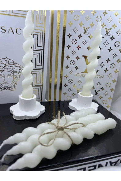 5 Adet Şamdan Burgu Mum 2 Adet Beyaz Beton Şamdanlık - 1