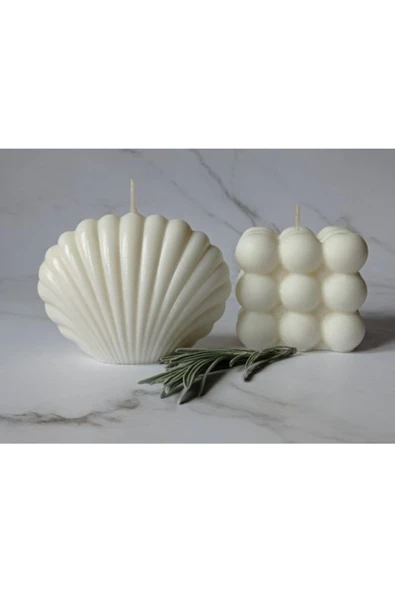 Favori Home 2'li Dekoratif Mum Seti Beyaz Renk Istiridye ve Bubble Set