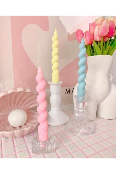 3’lü Sarı Pembe Mavi Şamdan Burgu Kokulu Mum Spiral - Resim 2