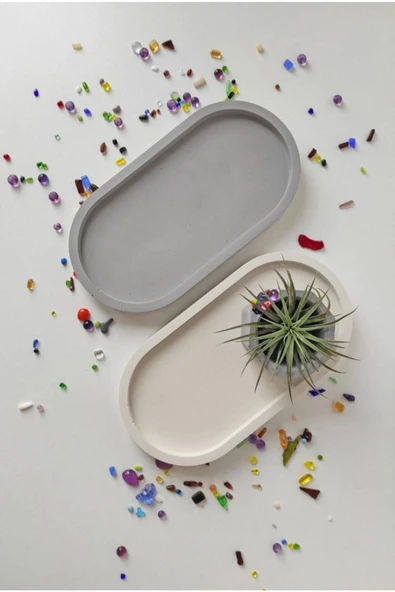 Bernami 2 Li Dekoratif Oval Beton Biblo Tabak Beton Takı Tabağı Mum Tabağı Organizer Mumluk Tütsülük - Resim 2