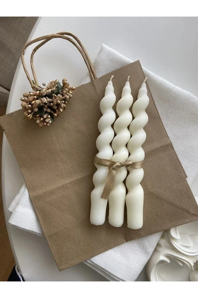3 Adet Beyaz Burgu Dekoratif Spiral Şamdan Mum