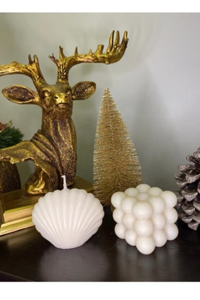 Bernamiofficial 2'li Dekoratif Mum Seti Beyaz Renk Istiridye Ve Bubble Set ürün görseli