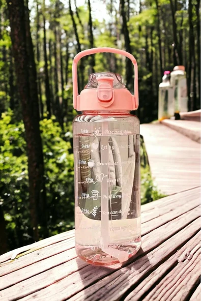 Şeffaf Pembe Motivasyon Su Matarası 2000 ml Kapaklı Su Şişesi Stickerlı Pipetli Suluk Set