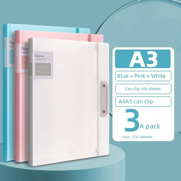 A3 Dosya - [3 Paket] Katlanabilir Test Kağıdı Dosyası - Şeffaf Mavi + Şeffaf Şeffaf + Şeffaf Pembe