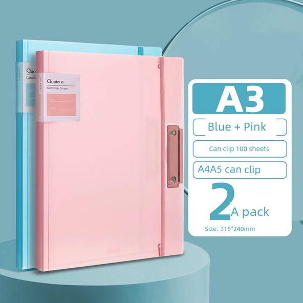 A3 Dosya - [2 Paket] Katlanabilir Test Kağıdı Dosyası - Şeffaf Mavi + Şeffaf Pembe