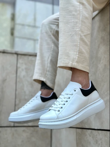 ET0547 Kalın Yüksek Taban Beyaz Siyah Bağcıklı Spor Erkek Ayakkabı - Resim 3