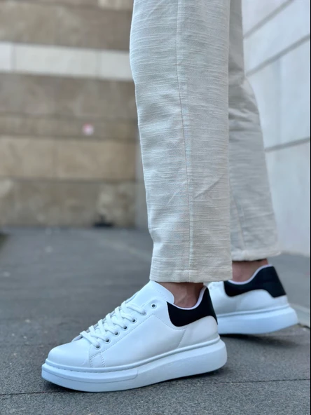 ET0547 Kalın Yüksek Taban Beyaz Siyah Bağcıklı Spor Erkek Ayakkabı - Resim 2