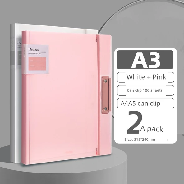 A3 Dosya - [2 Paket] Katlanabilir Test Kağıdı Klipsi - Şeffaf Pembe + Şeffaf