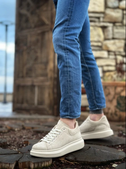 ET0547 Kalın Yüksek Krem Taban Krem Süet Bağcıklı Spor Erkek Ayakkabı - Resim 2