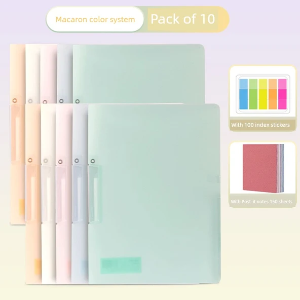 A4 Dönme Klasörü - Tam Set 10 Paket Makaron Renk + 100 İndeks Etiketi + 150 Post-it Notu