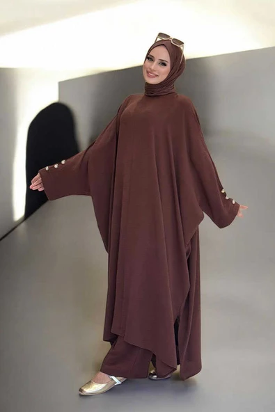 Kol Düğme Detaylı Tunik Pantolon İkili Takım 8688 Kahverengi - Resim 3