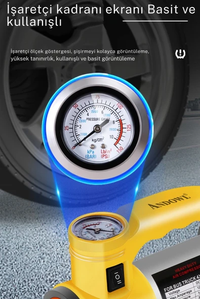 12V 150 PSI Hava Kompresörü | ABS Gövde | LED Işıklı | Bar Göstergeli | 35L/Dk Hava Akışı - 3