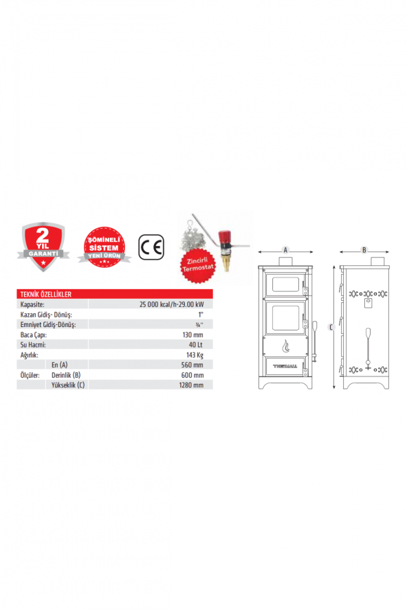 THERMALL T-25 MANOLYA Dikey Şömine Fırınlı Kal. Kazanı(25.000 kcal/h-290 kW)(Pompa İmb. Deposu DAHİL) - 5