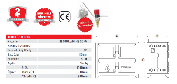 THERMALL T-25 FULYA Yatay Şömine Fırınlı Kal. Kazanı(25.000 kcal/h-290 kW)(Pompa İmb. Deposu DAHİL) - 5