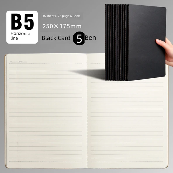 Retro Kraft Kağıt Defter B5 Basit Siyah Kart Çizgili - 5 Adet