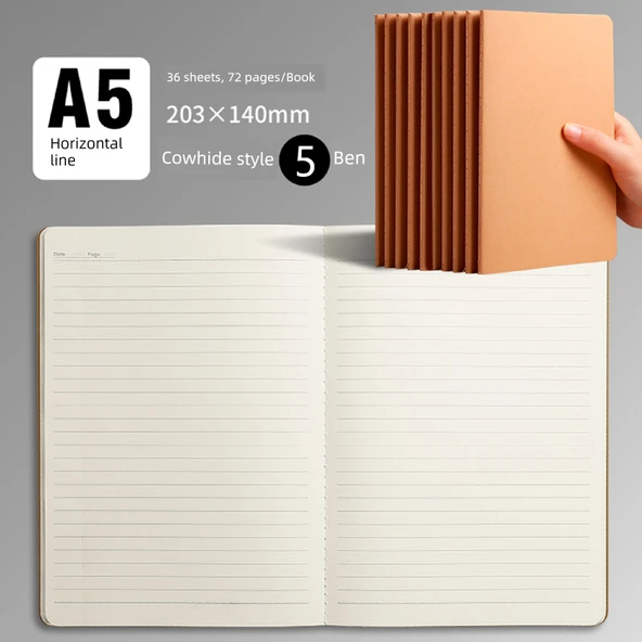 Retro Kraft Kağıt Defter A5 Minimalist Sığır Derisi Çizgili - 5 Adet