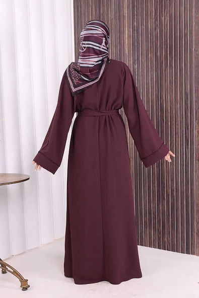 Boncuk İşlemeli Tam Boy Ferace 7894 Bordo - Resim 3
