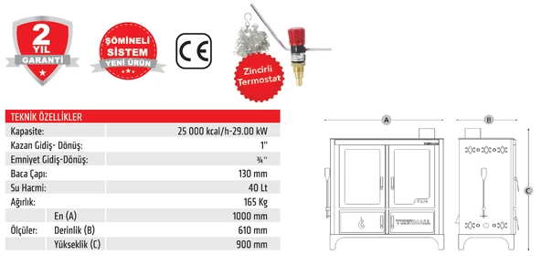 THERMALL T-25 FULYA Yatay Şömine Fırınlı Kal. Kazanı(25.000 kcal/h-290 kW)(Pompa İmb. Deposu DAHİL) - 4