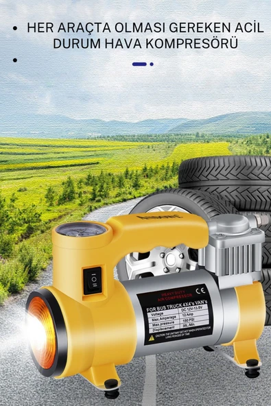 12V 150 PSI Hava Kompresörü | ABS Gövde | LED Işıklı | Bar Göstergeli | 35L/Dk Hava Akışı
