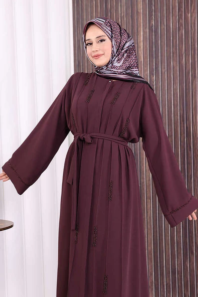 Boncuk İşlemeli Tam Boy Ferace 7894 Bordo - Resim 4