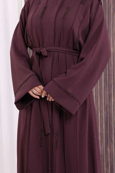 Boncuk İşlemeli Tam Boy Ferace 7894 Bordo - Resim 5