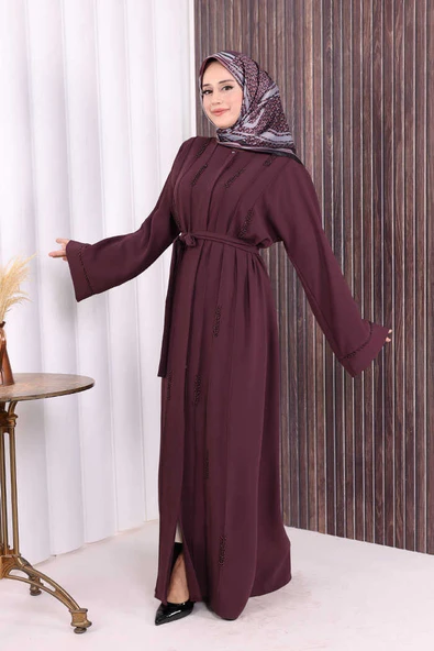 Boncuk İşlemeli Tam Boy Ferace 7894 Bordo - Resim 2