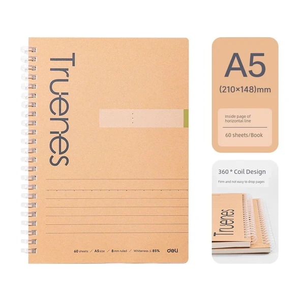 Deri Spiral Defter - A5 - Yatay Çizgi - 60 Sayfa