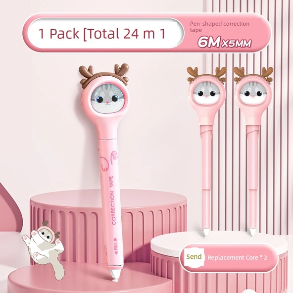 Kalem Tarzı Düzeltme Bandı - Küçük Pembe Kedi + 2 Yedek (18m Toplam)