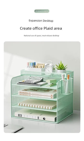 Metal Ofis Masa Dosya Rafı - Yeşil - Üç Katlı Dikey + Çerçeve - 12