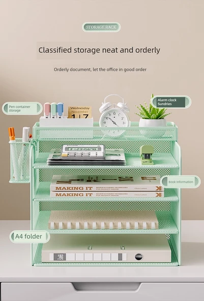 Metal Ofis Masa Dosya Rafı - Beyaz - Dört Katlı Dikey + Çerçeve + Kalemlik - 10