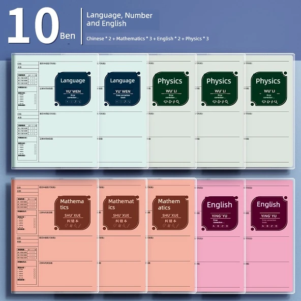 Öğrenci Düzeltme Defteri - 10 Kitap (Çince 2 + Matematik 3 + İngilizce 2 + Fizik 3)