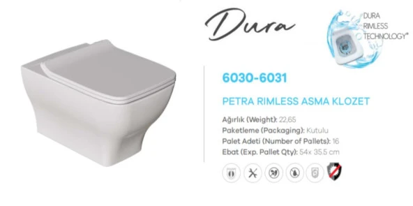 Dura Petra Rimles Asma Klozet Kanalsız Ve Duroplast Yavaş Kapanır Kapak - 2