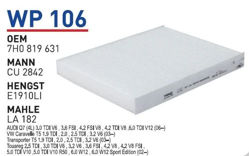 Wunder WP106 Polen Filtresi Amarok 10- Touareg 03- Transporter T5 03- / Q7 06- / Cayenne 03- Cu2842 ürün görseli 1