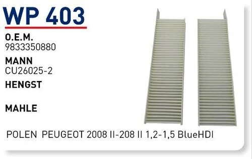 Wunder WP403 Polen Filtresi Peugeot 2008 II-208 II 1,2-1,5 Bluehdi ürün görseli 1