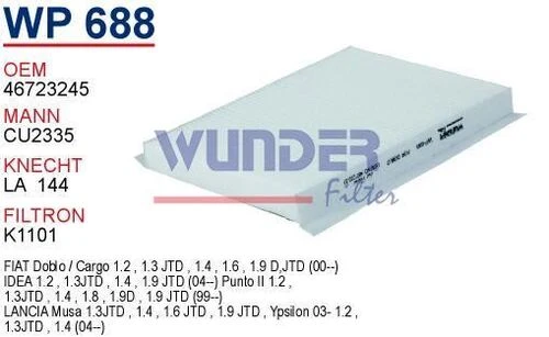 Wunder WP688 Polen Filtresi Doblo 01- Idea Punto 09- / Musa 04- Ypsılon 03- Cu2335 Fn0082 ürün görseli 1