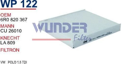 Wunder WP122 POLEN  FİLTRESİ - VOLKSWAGEN POLO 1,6 TDİ ürün görseli 1