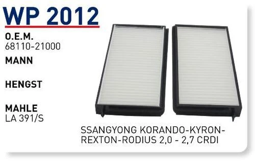 Wunder WP2012 Polen Filtresi Ssangyong Korando-Kyron-Rexton-Rodius 2,0 - 2,7 CRDI