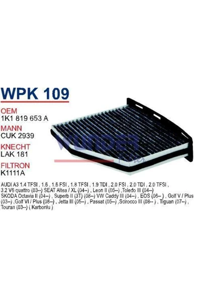 Wunder WPK109 Wpk109 Polen Filtresi - Vw Golf V-caddy-passat-jetta (karbonlu) ürün görseli 1