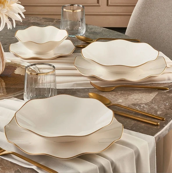 Güral Porselen Nesrin 24 Parça 6 Kişilik Bone Yemek Takımı Gold
