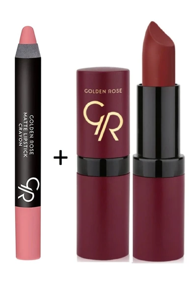 GOLDEN ROSE 2 Li Ruj Seti Mat Kalem Ruj - Matte Lipstick Crayon No: 22, Velvet Matte Lipstick No 22 Ruj