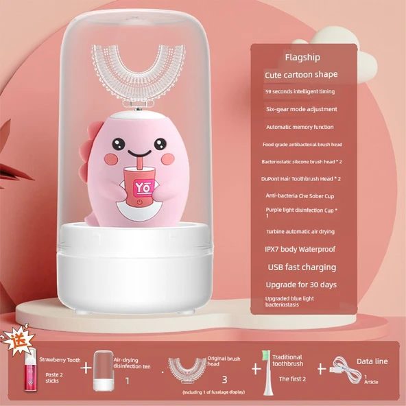 U Şeklinde Elektrikli Diş Fırçası - Pembe Dinozor - 7-15 Yaş - Diş Macunu ve Dezenfeksiyon Kupası ile