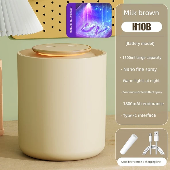 Küçük Kablosuz Hava Nemlendirici - Şarjlı Yatak Odası UV Sterilizasyon 1800mAh Işıklı Sesli Su Kesilmesi Güç Kesilmesi Gece Lambası