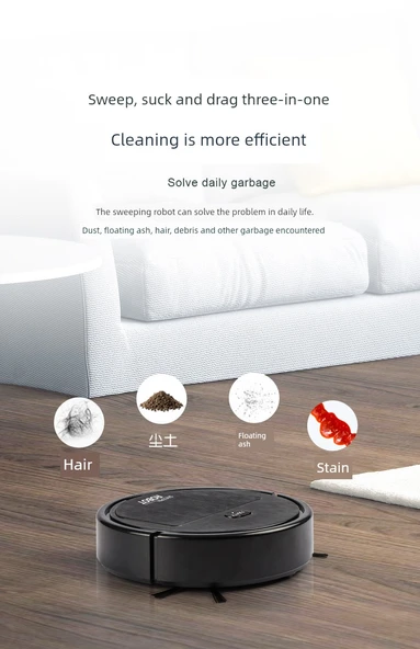 4'ü 1 Arada Süpürge Robotu - Siyah - K250 - 22x22x6.5 - Resim 6