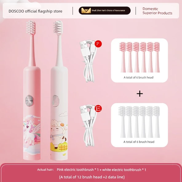 Elektrikli Diş Fırçası - Yumuşak Kıllar - Diş Eti Bakımı - Beyaz + Pembe (İki Paket) - 12 Fırça Ucu