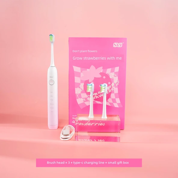Sonic Elektrikli Diş Fırçası - Süpürme Titreşimi Pembe (3 Fırça Başlığı + Şarj Kablosu) Küçük Hediye Kutusu