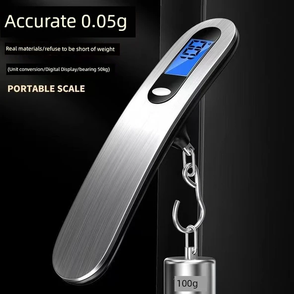 Taşınabilir Dijital Bagaj Tartısı - Paslanmaz Çelik Kanca - 50kg - 5 Pil Dahil - 3