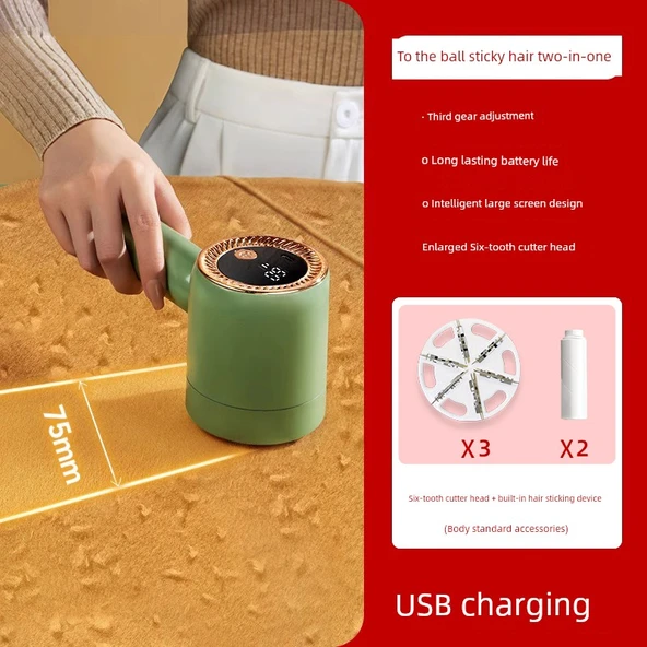 Elektrikli Lint Topu Kesici - Yağ Yeşili Amiral Gemisi +2 Yedek Kesici Başlık +2 Entegre Saç Yapıştırıcı
